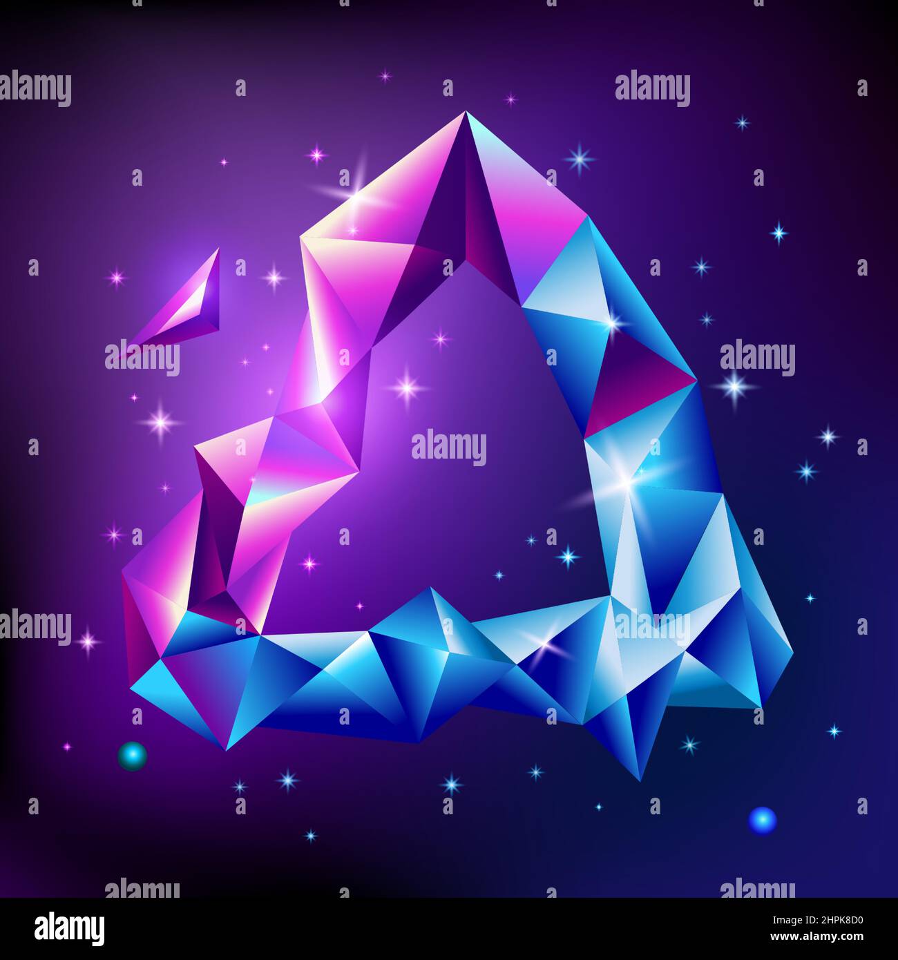 Abstract trendy cosmic poster with triangle crystal gems frame and pyramid geometric shapes in space. Neon galaxy background. 80s style. Poster with Stock Vector
