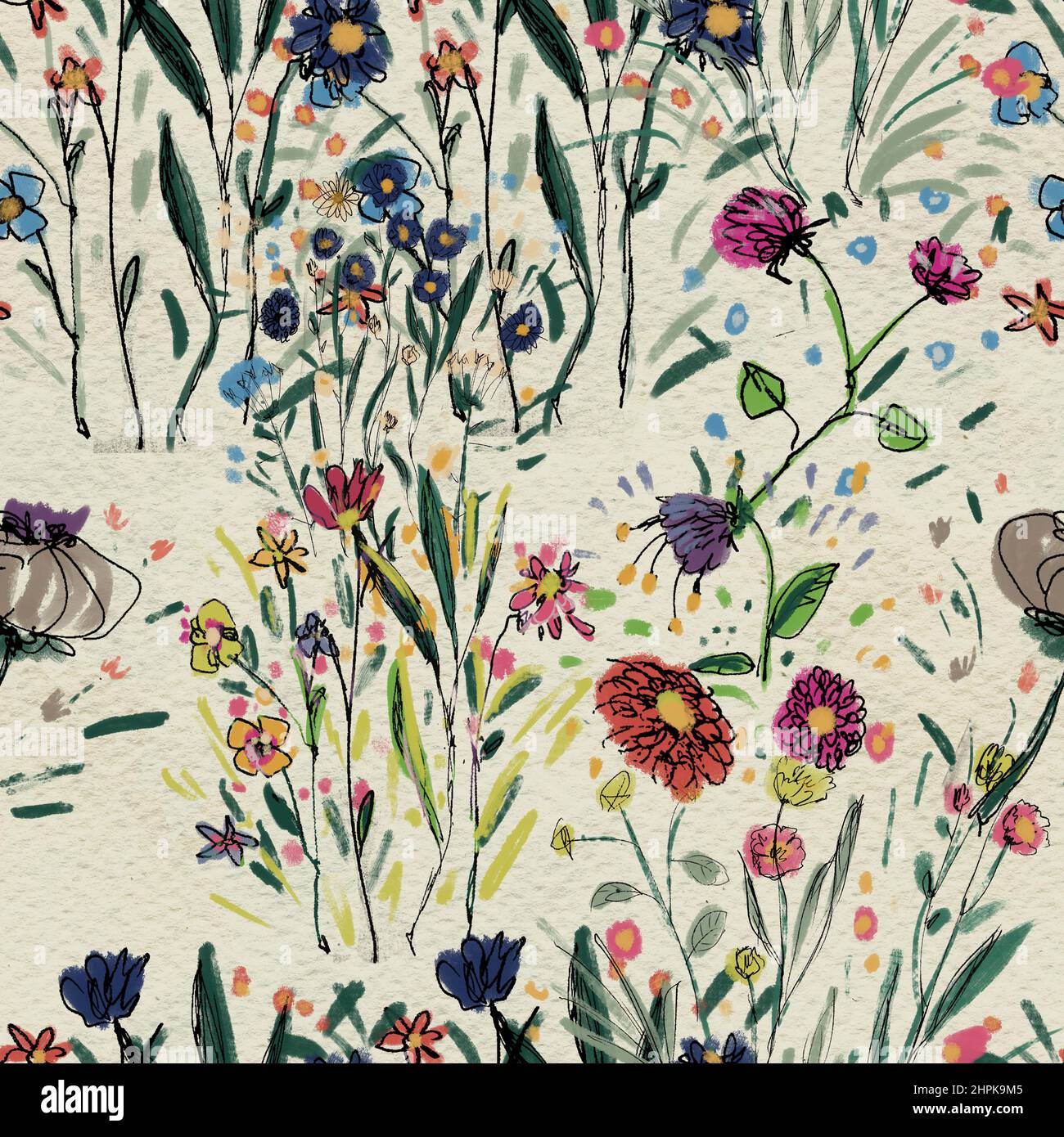 Seamless pattern with wildflowers on watercolor paper background Stock ...
