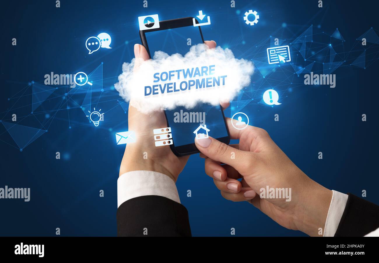 Hand using smartphone with cloud technology concept Stock Photo - Alamy
