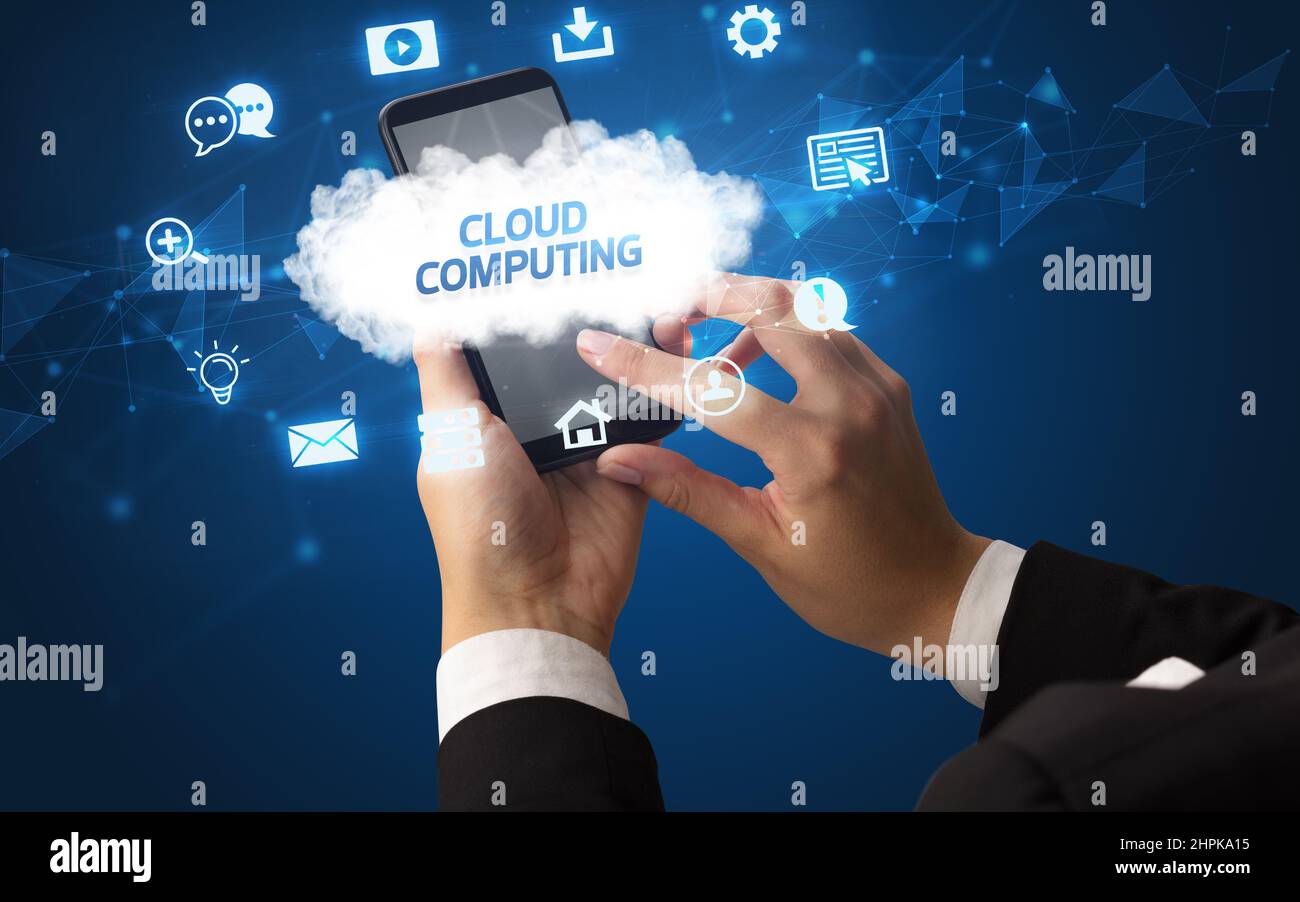 Hand using smartphone with cloud technology concept Stock Photo - Alamy