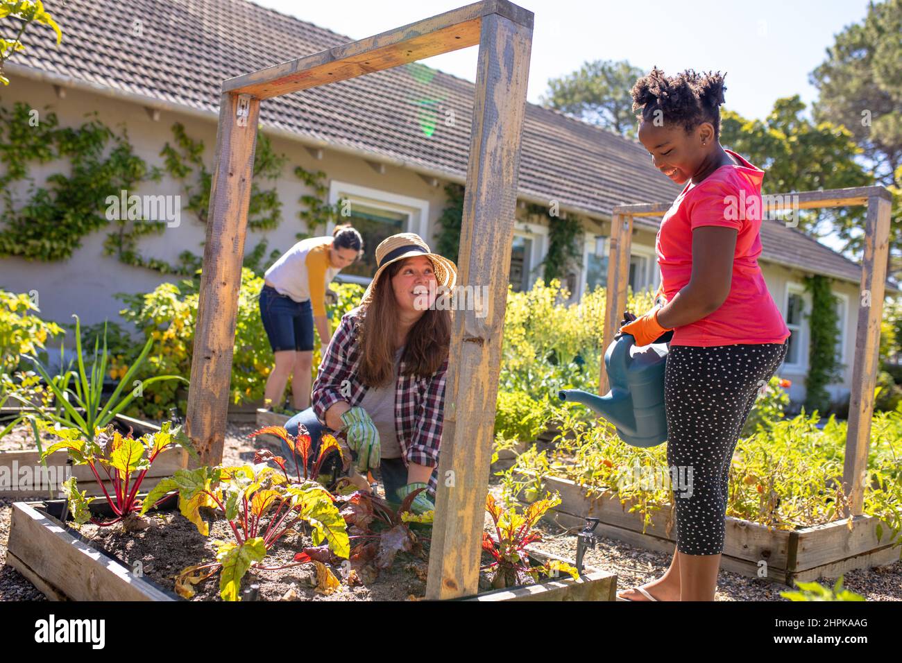 Smiling caucasian mature woman looking at african american daughter watering plants while gardening Stock Photo