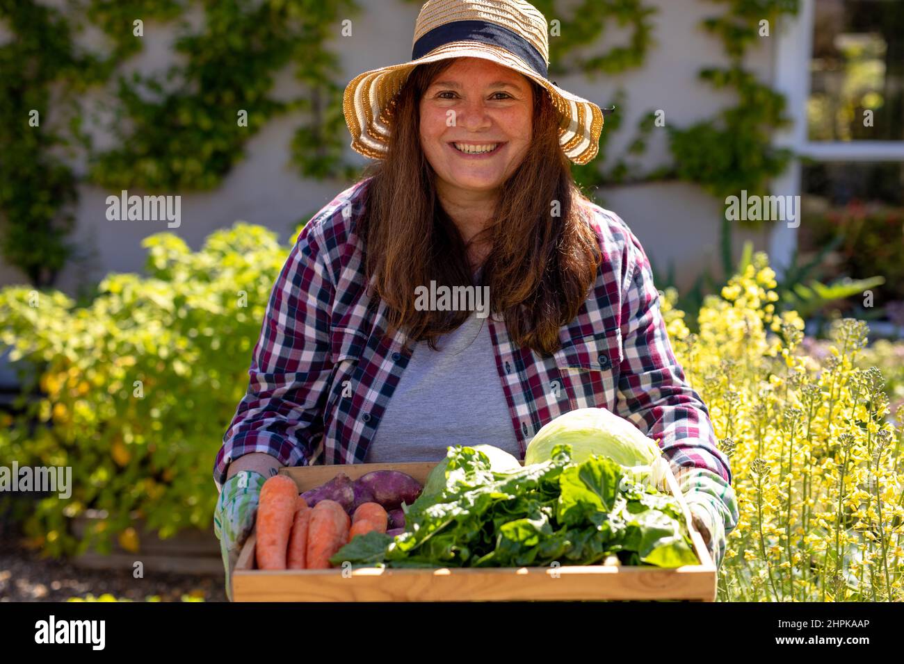 Portrait of smiling caucasian mature woman holding crate with ...