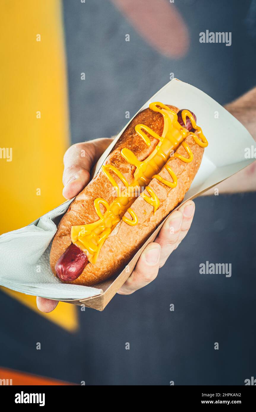 Man suggesting freshly prepared hotdog with cheese in a paper box. Food delivery or take awat food concept. Yellow background. Stock Photo