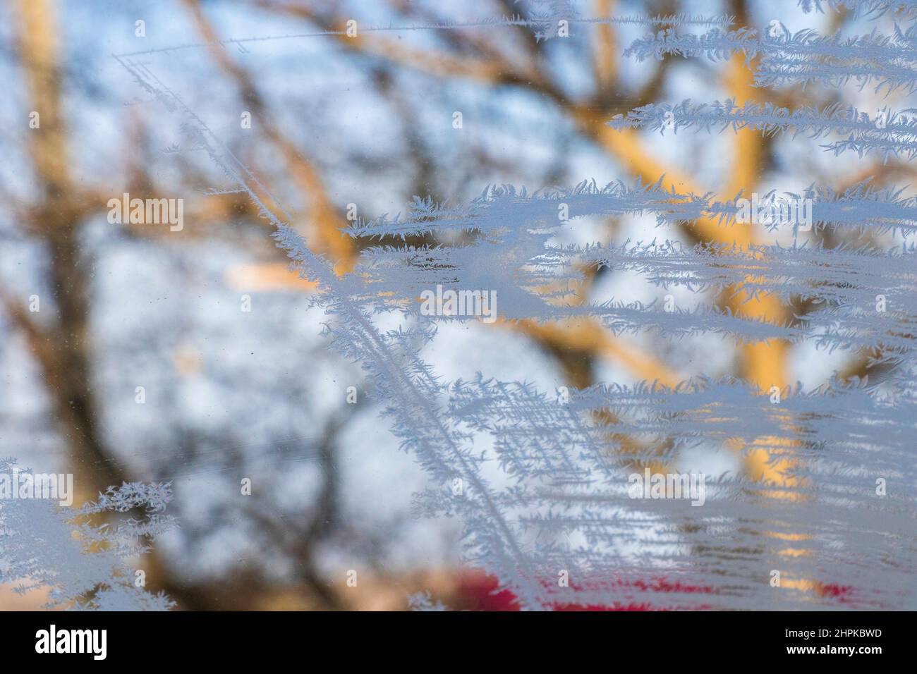Frozen window and glass, frozen dew water pattern and texture