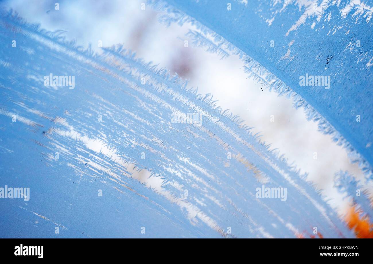 Frozen window and glass, frozen dew water pattern and texture