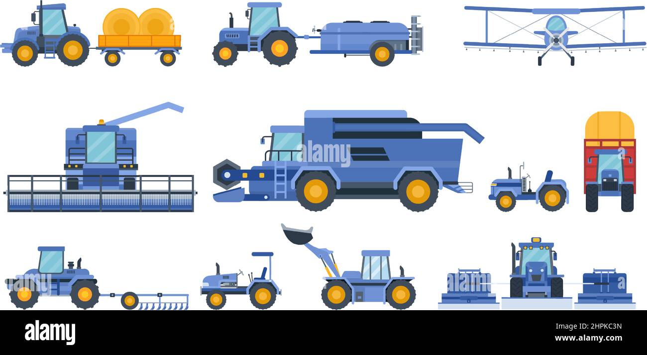 Flat farm machinery, agricultural field equipment, combines and tractors. Industrial harvester, truck, plowing and mower machine vector set Stock Vector