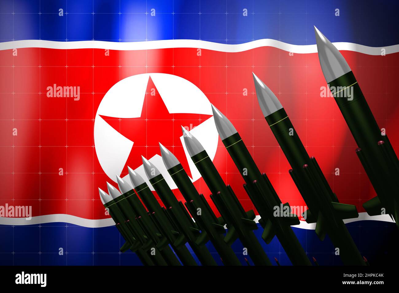 Cruise missiles, flag of North Korea in background - defense concept - 3D illustration Stock Photo