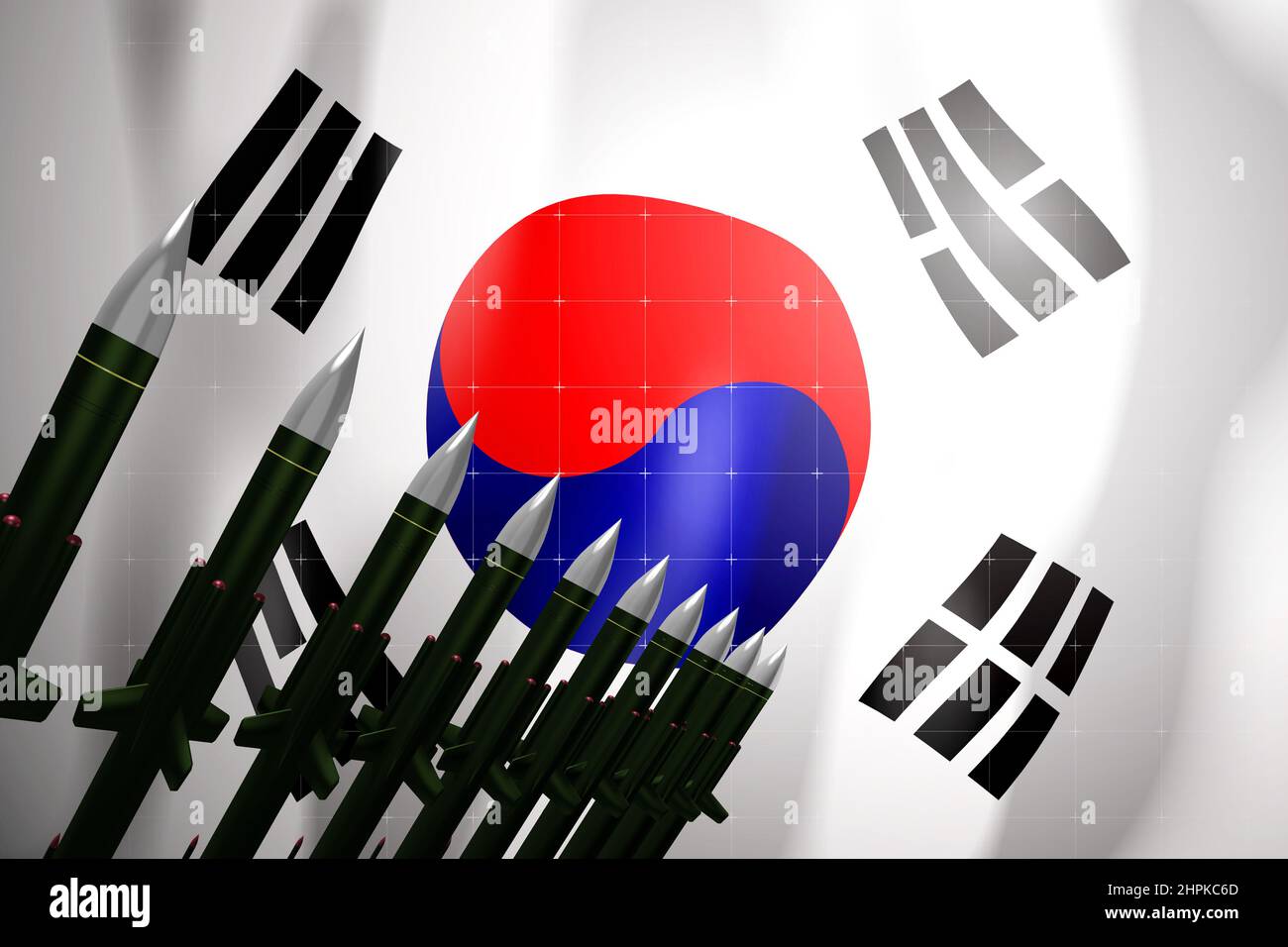 Cruise missiles, flag of South Korea in background - defense concept - 3D illustration Stock Photo