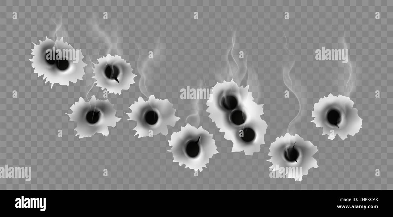 Metal holes from gun bullet shots with smoke effect. Realistic gunshot cracks in steel target. Criminal or war fire weapon vector concept Stock Vector