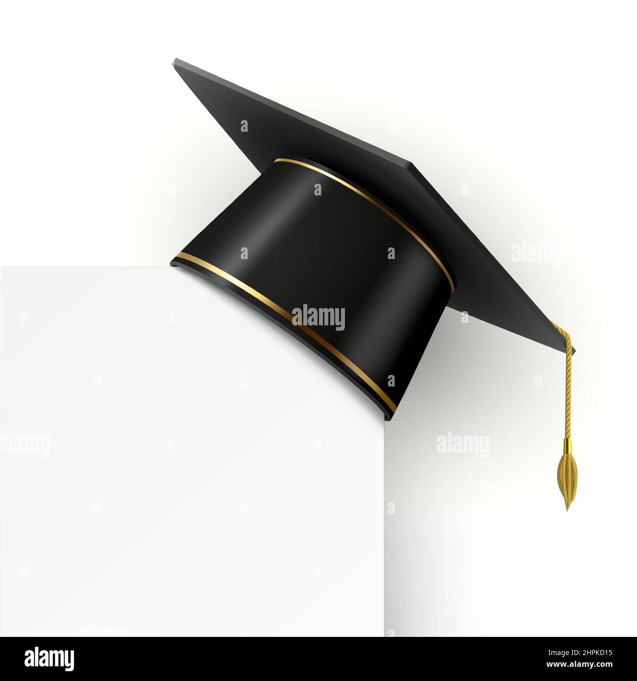 Black graduation cap with golden tassel hanging on corner. Realistic 3d
