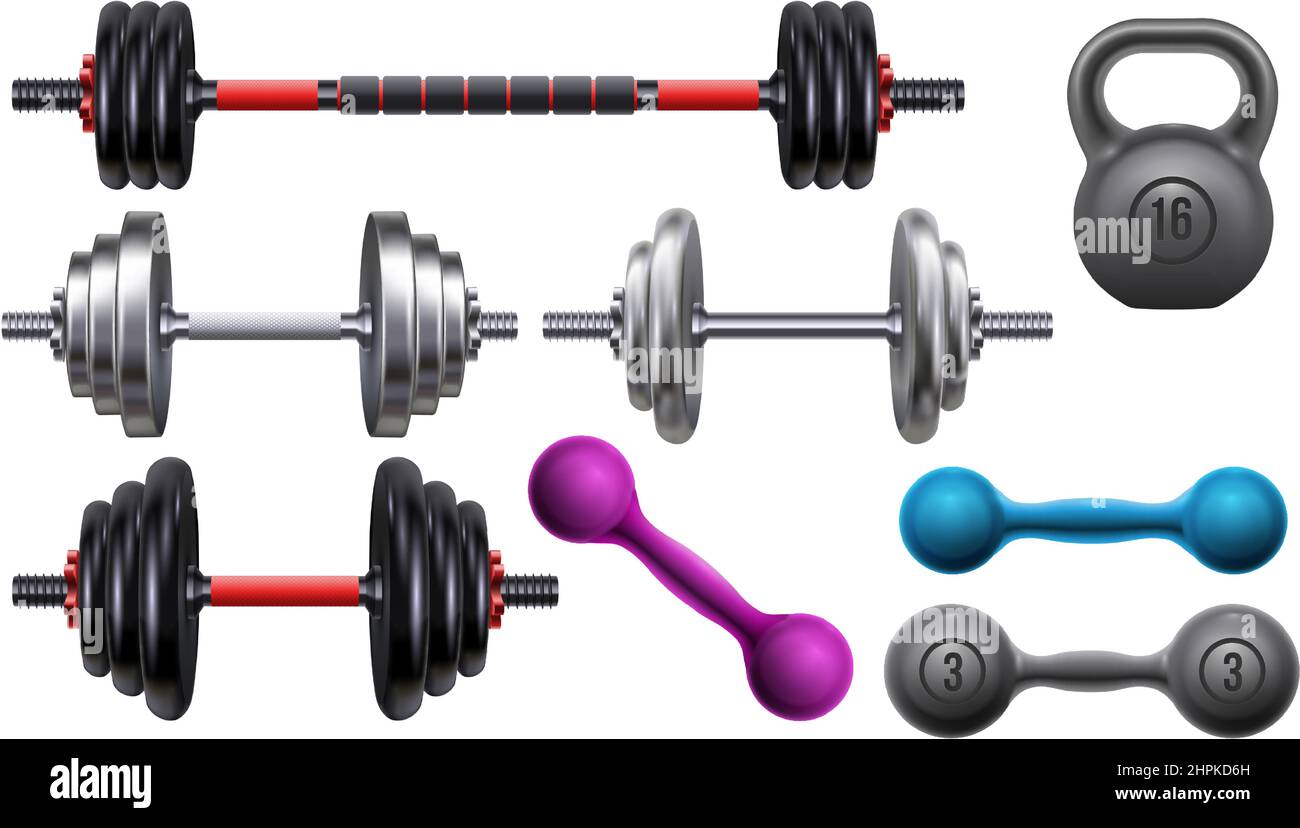 Realistic gym workout equipment, barbell, dumbbells and kettlebell. Fitness  and sport training tools for weight lifting exercise vector set Stock  Vector Image & Art - Alamy