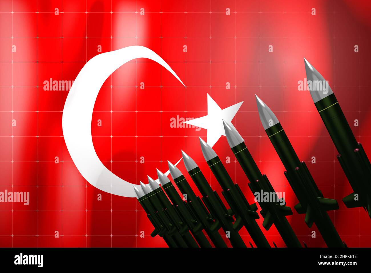 Cruise missiles, flag of Turkey in background - defense concept - 3D illustration Stock Photo