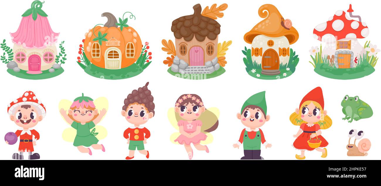 Cute cartoon fairies, elves and gnomes, fairytale houses. Magic flower fairy princess, gnome with mushroom hat. Fantazy character vector set Stock Vector