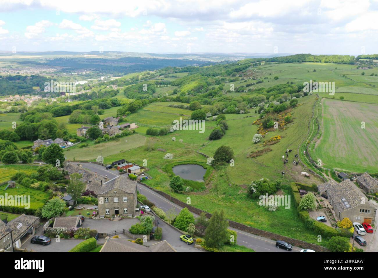 An aerial photograph, from Thrustonland, West Yorkshire, looking down towards, Brockholes, Stock Photo
