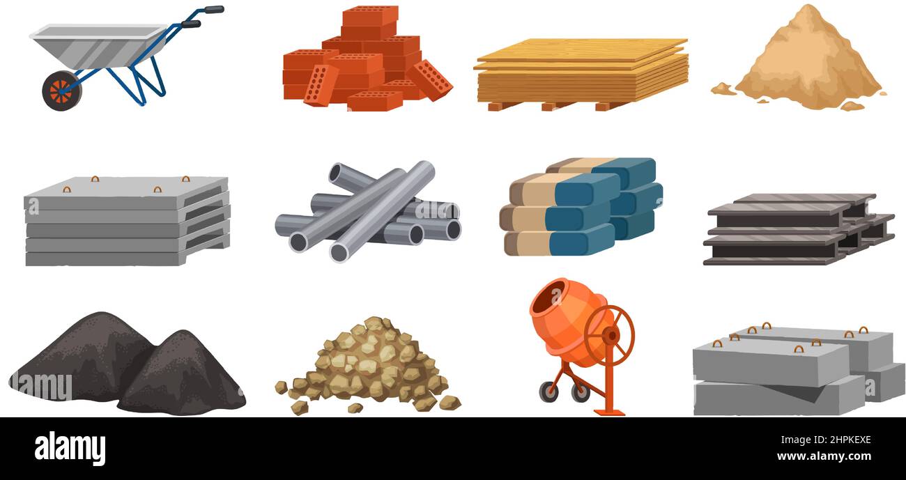 Cartoon building materials, slabs, bricks, metal pipes and piles. Construction site blocks, cement heap, gravel, sand and tools vector set Stock Vector