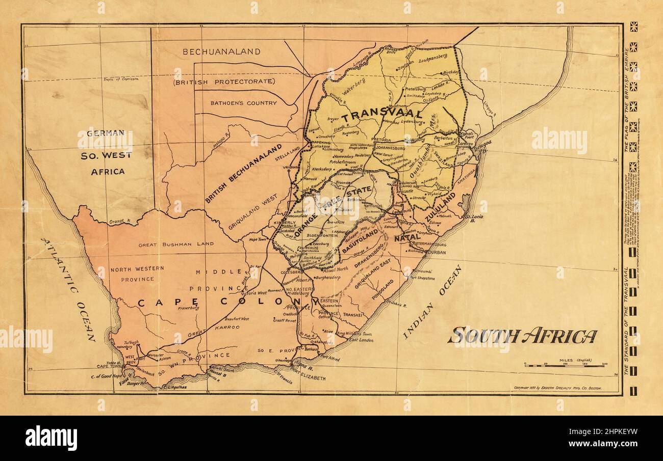 1899 map of South Africa at the time of the Second Boer War.  Such was the interest in the progress of the war that maps like this were produced with a number of flags of both sides in the margin which could be cut out and placed on the map so as to follow military movements. Stock Photo