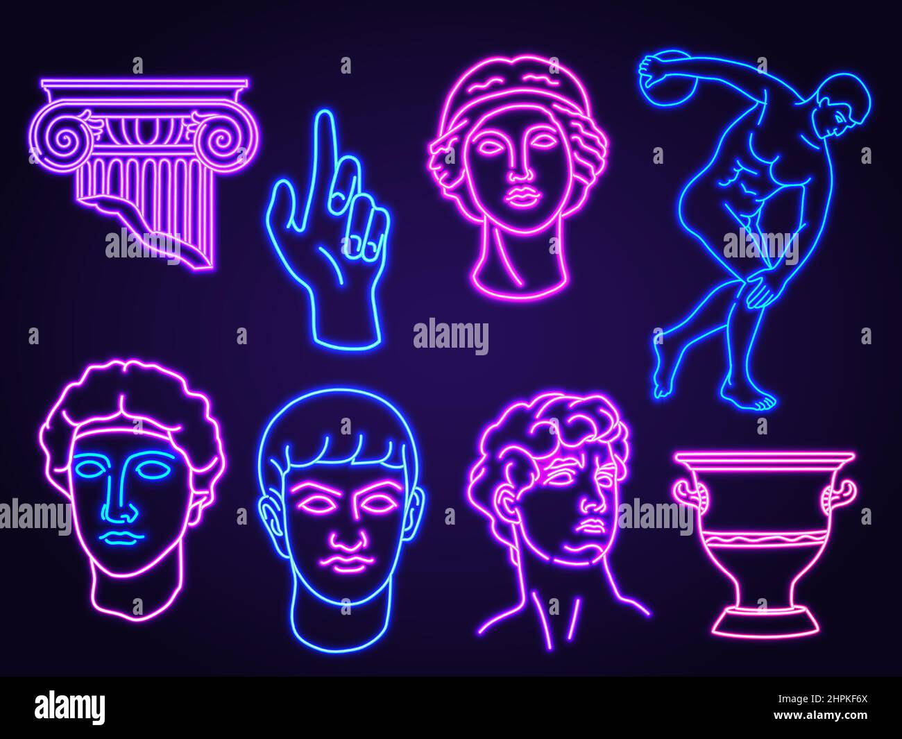 Neon antique greek sculpture and statue outline design. Glowing ancient head, column and vase for creative fashion t shirts print vector set Stock Vector