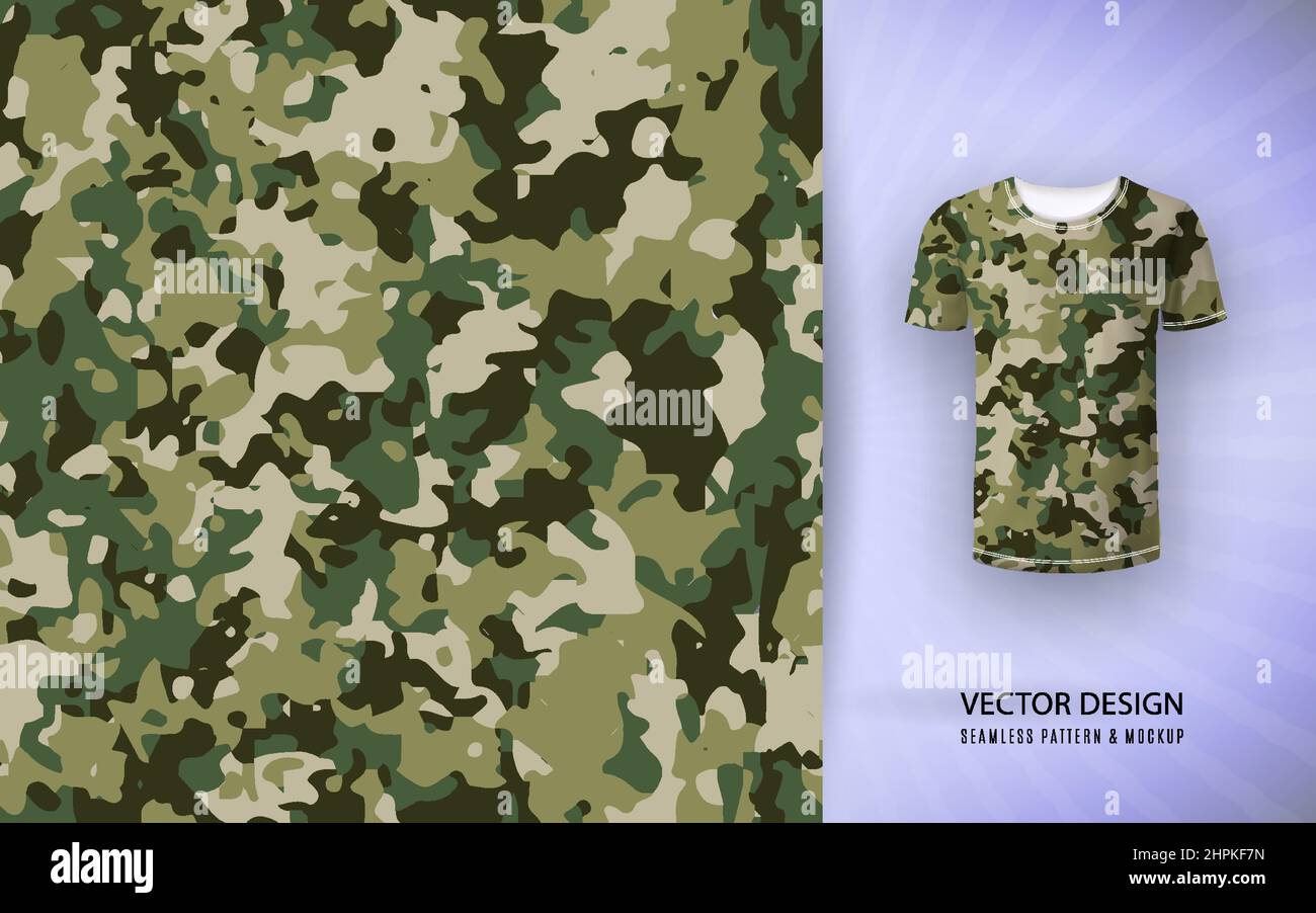 Tshirt camouflage background. Seamless pattern and shirt mockup. Vector Stock Vector
