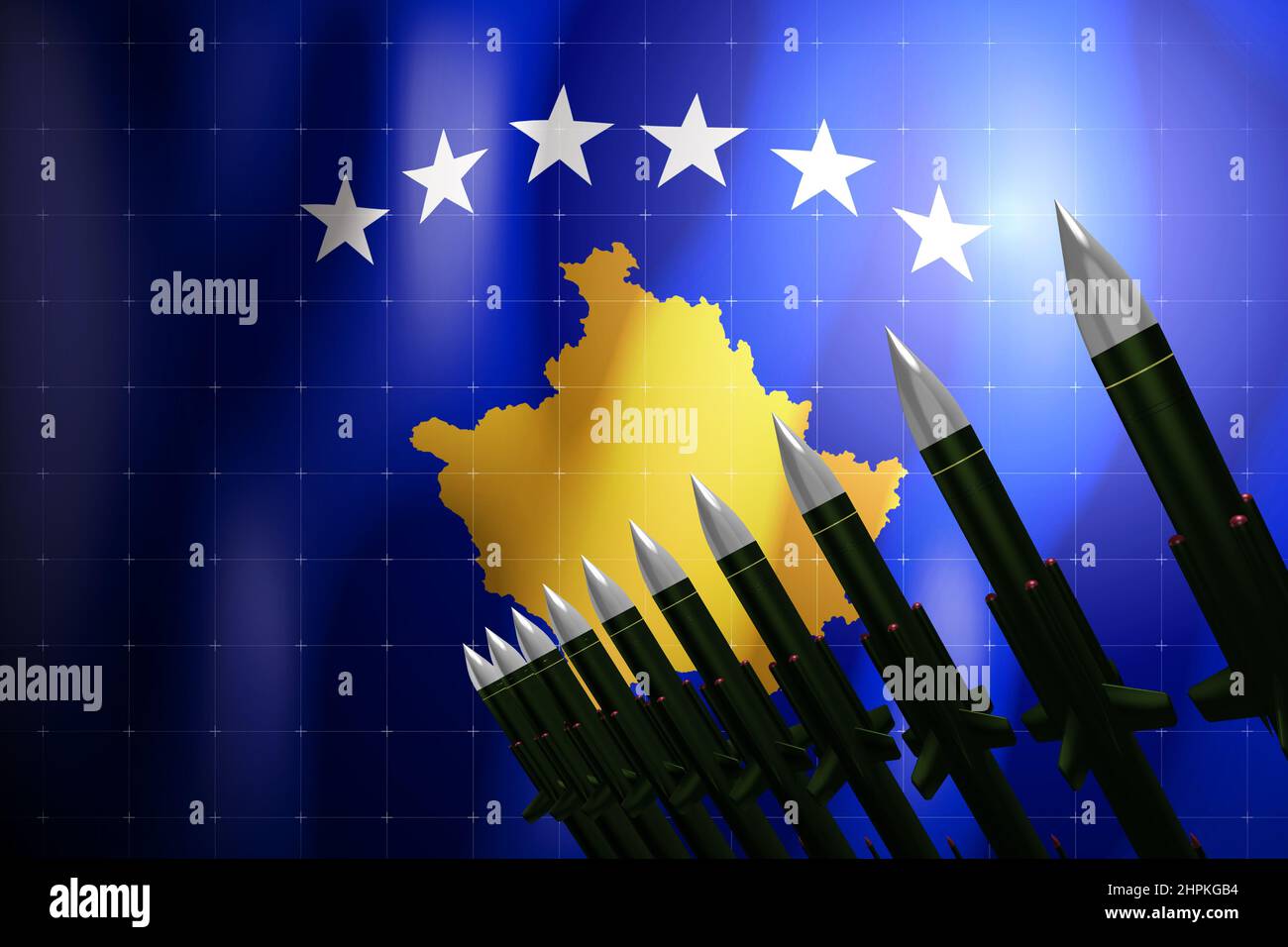 Cruise missiles, flag of Kosovo in background - defense concept - 3D illustration Stock Photo
