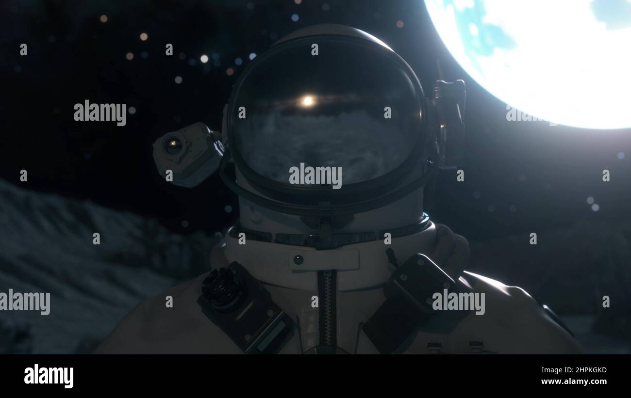 Astronaut walks on surface of the planet. Closeup view of space suit ...