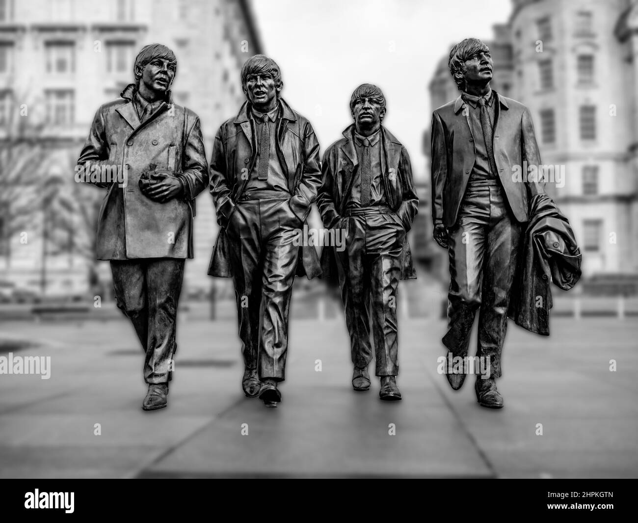 The Beatles Statues, Pierhead, Liverpool, Letf to right Paul McCartney, George Harrison, Ringo Star and John Lennon, Stock Photo