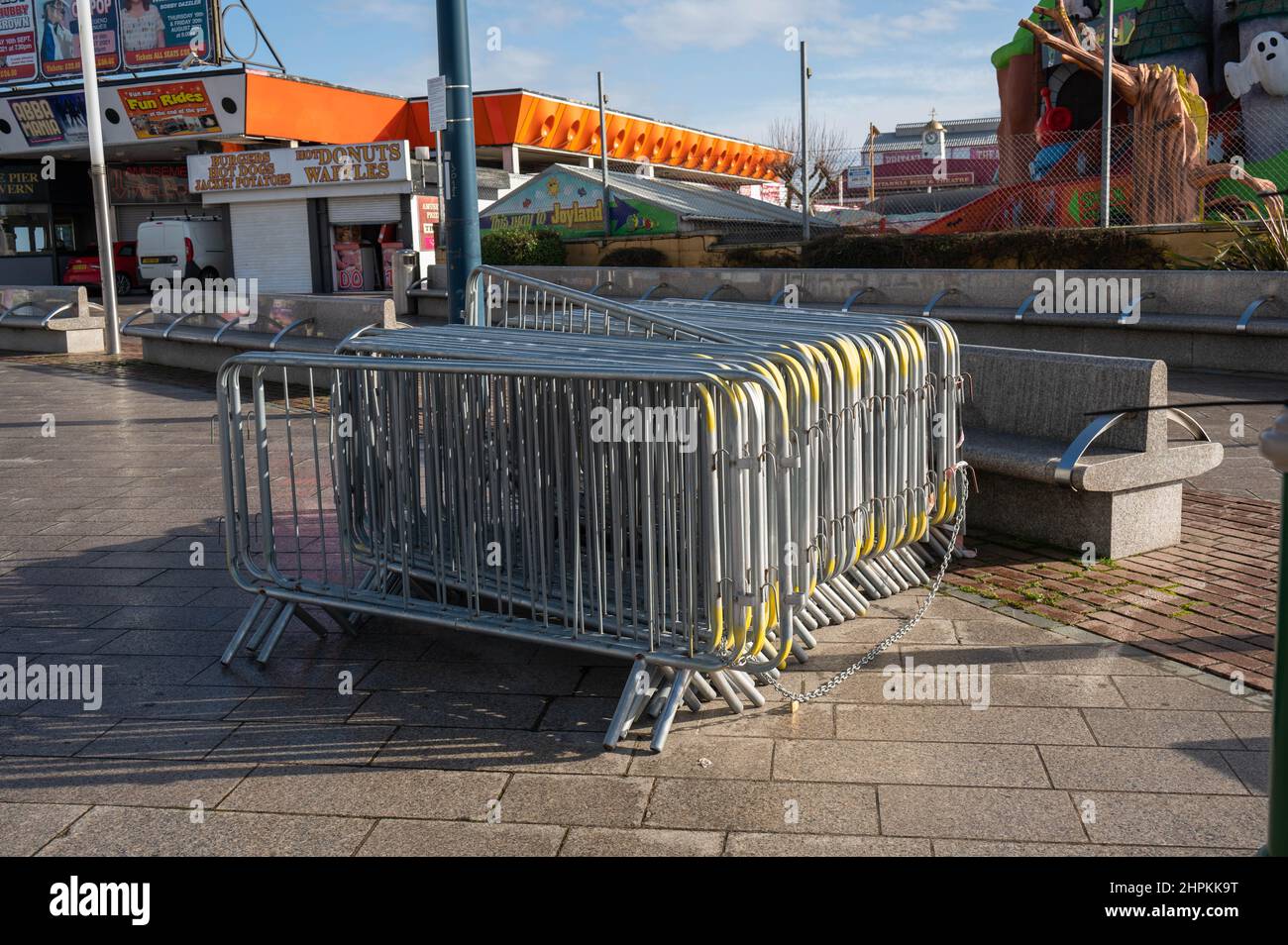 Stack of metre high metal barriers on the pavement at Great Yarmouth Stock Photo Alamy