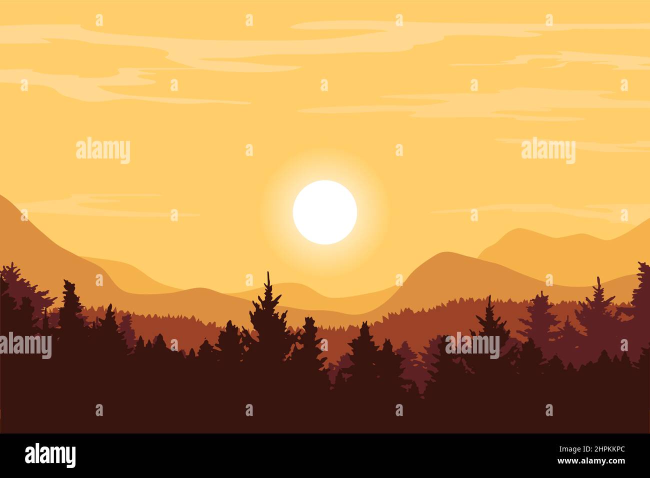 sunset landscape in nature with mountains and forest, silhouette of ...