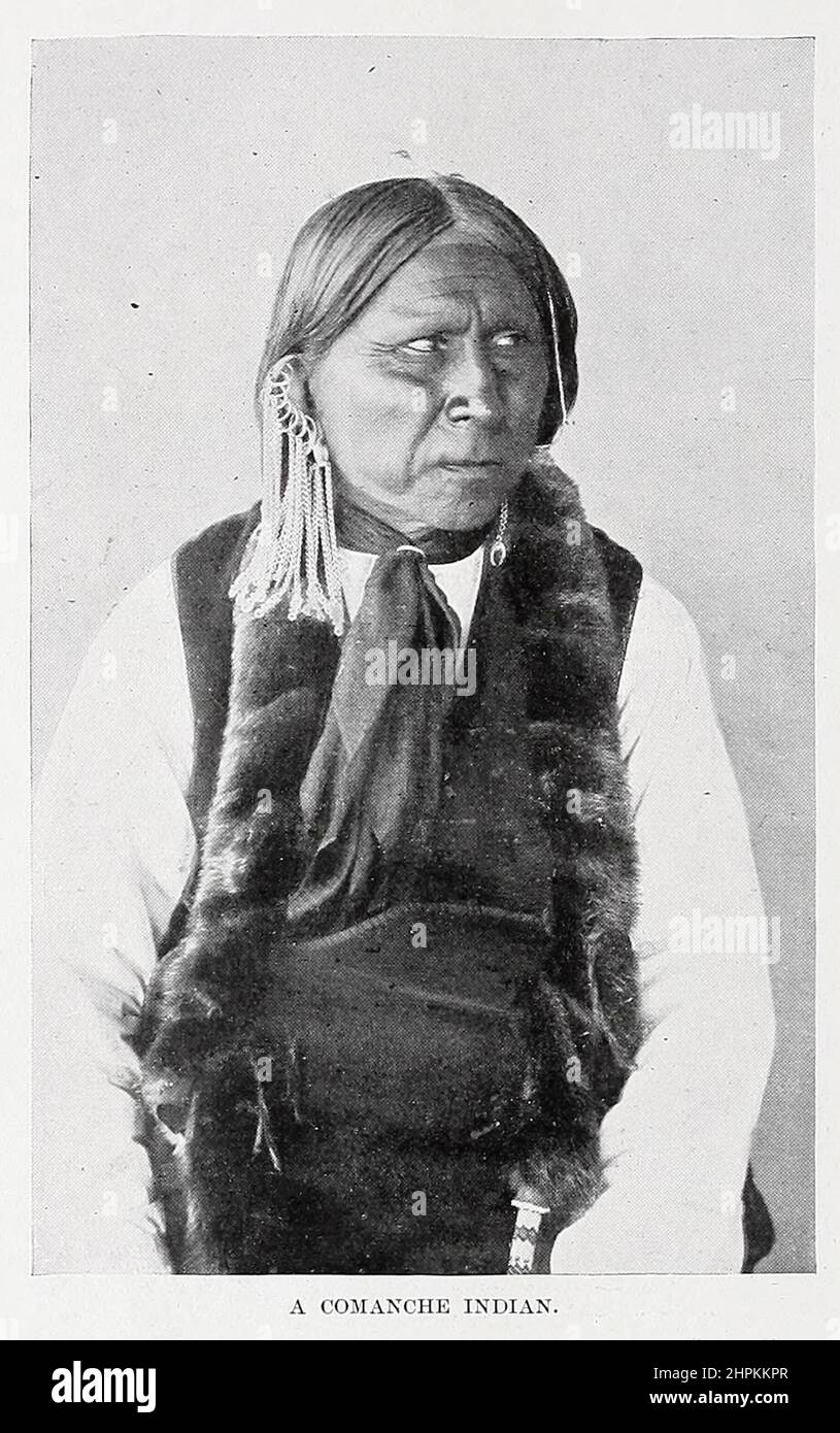A Comanche Indian from the book ' The living races of mankind ' a popular illustrated account of the customs, habits, pursuits, feasts & ceremonies of the races of mankind throughout the world by Sir Harry Hamilton Johnston, and Henry Neville Hutchinson Volume 2 Published in London by Hutchinson & Co. in 1902 Stock Photo