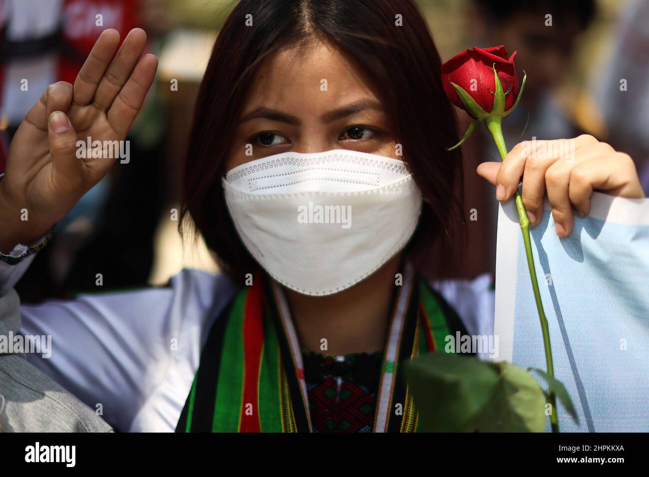 New Delhi, New Delhi, India. 22nd Feb, 2022. Pro-democracy supporters take part in a protest against the military coup in Myanmar. (Credit Image: © Karma Sonam Bhutia/ZUMA Press Wire) Stock Photo