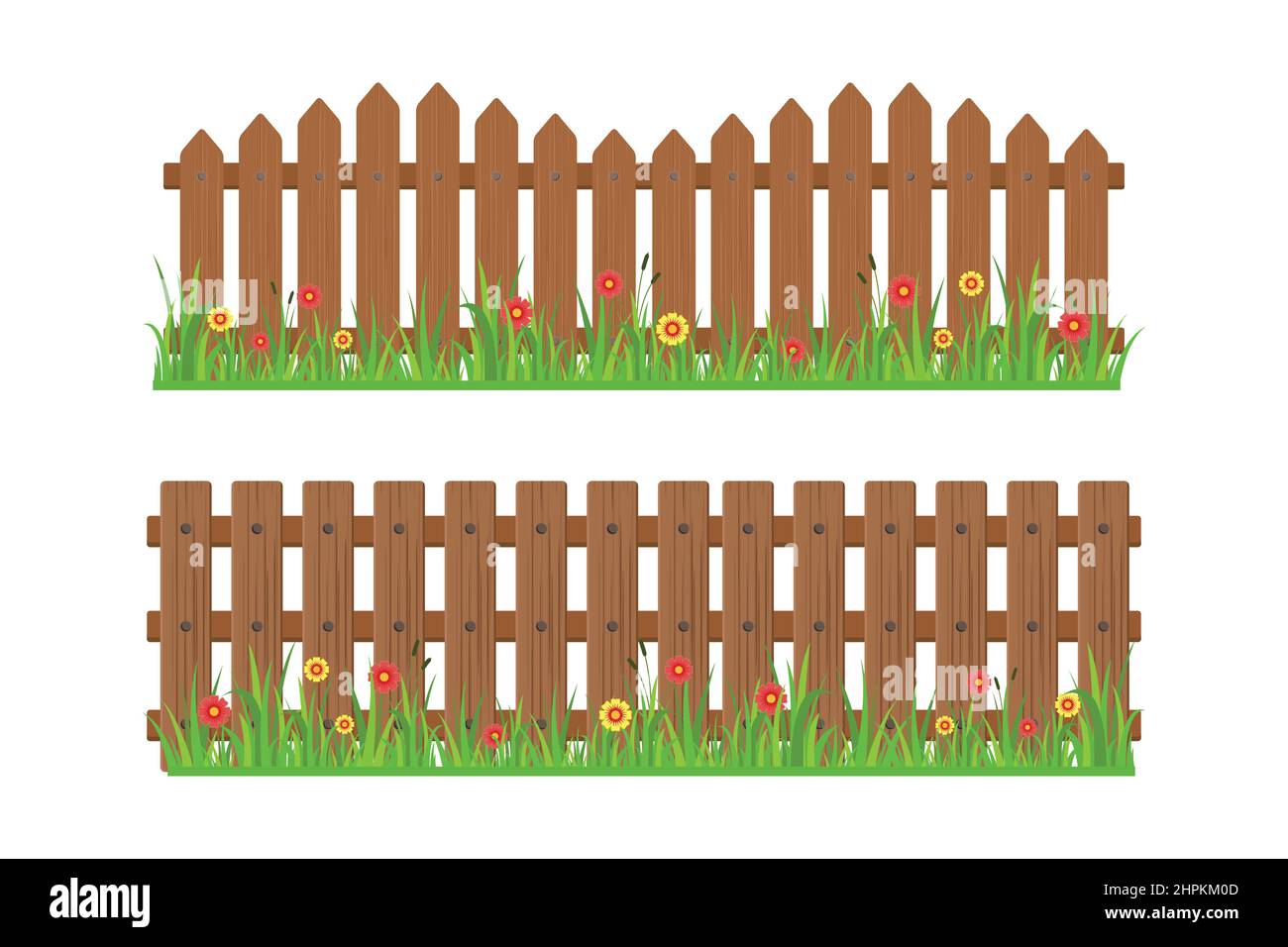 wooden fence with grass and flowers vector illustration Stock Vector