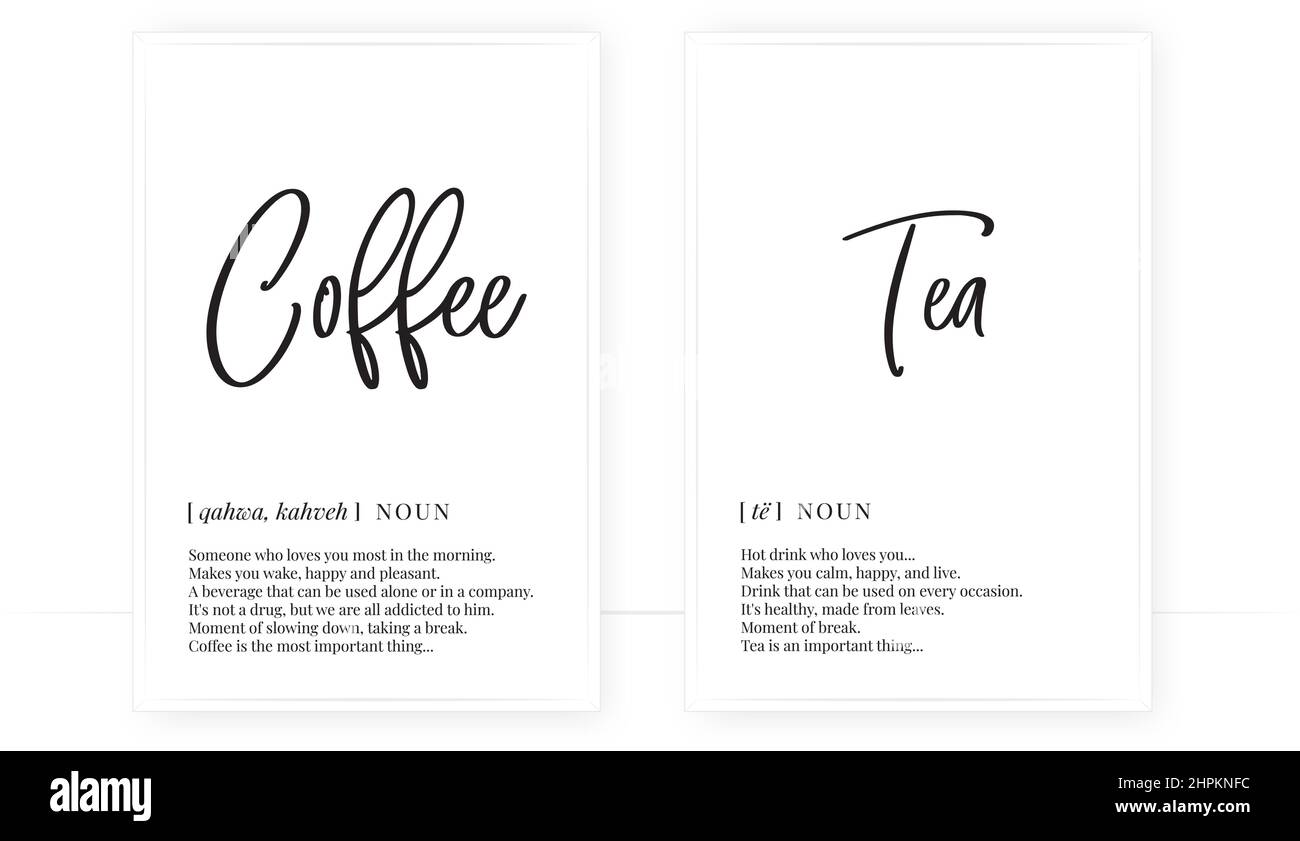 Coffee and tea definition, vector. Minimalist poster design. Wall art