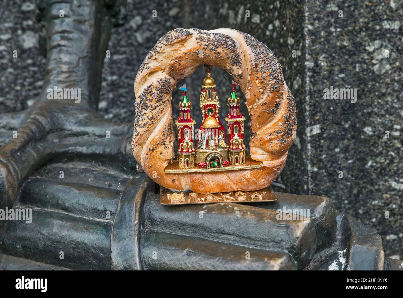 Kraków Szopka nativity scene displayed inside a pretzel, winner in miniature category, during annual contest in December, event included in UNESCO Cultural Heritage list, at Adam Mickiewicz monument, Main Market Square, Kraków, Poland Stock Photo