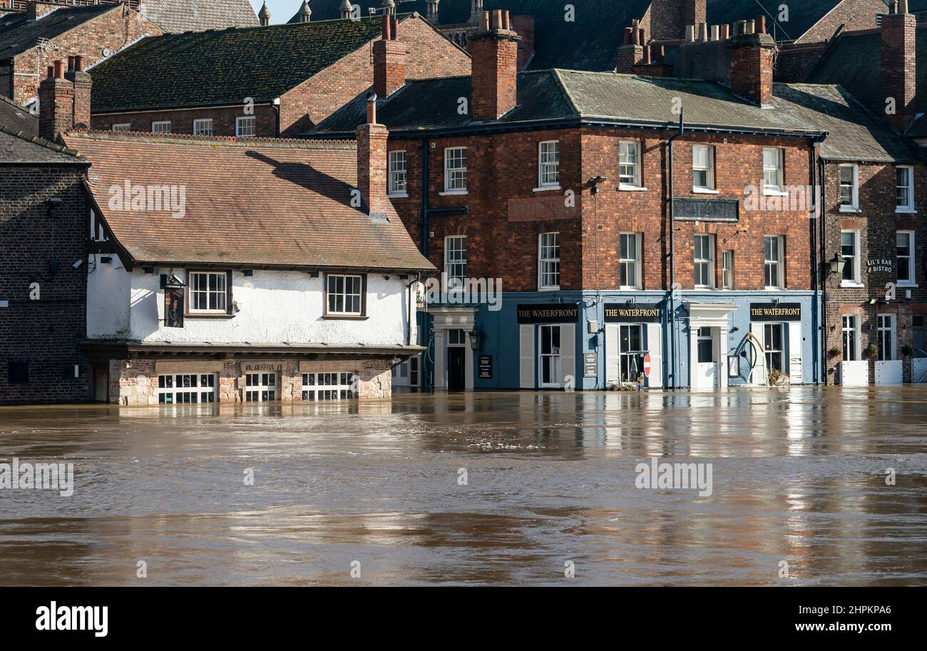 Flood water in York, Yorkshire, after the River Ouse overtopped its banks. The Environment Agency has urged communities in parts of the West Midlands and the north of England, especially those along River Severn, to be prepared for significant flooding until Wednesday following high rainfall from Storm Franklin. Picture date: Tuesday February 22, 2022. Stock Photo