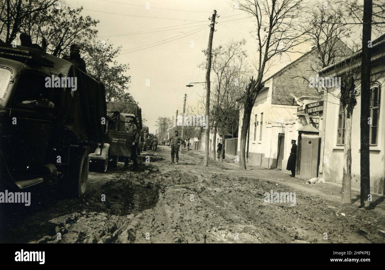 WWII WW2 german soldiers invades East front - 14 April 1941, wehrmacht in Ruma, Serbia ex Yugoslavia Stock Photo