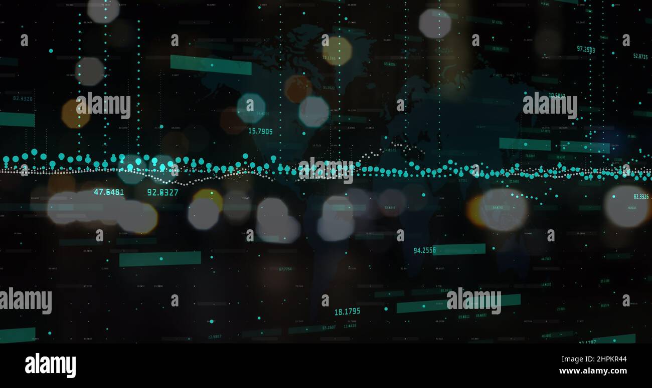 Image of financial data processing over out of focus city road lights ...