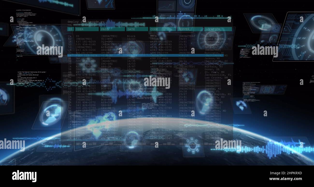 Image of data processing on screens over glowing star and planet earth ...