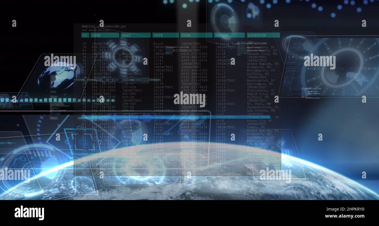 Image of data processing on screens over glowing star and planet earth ...