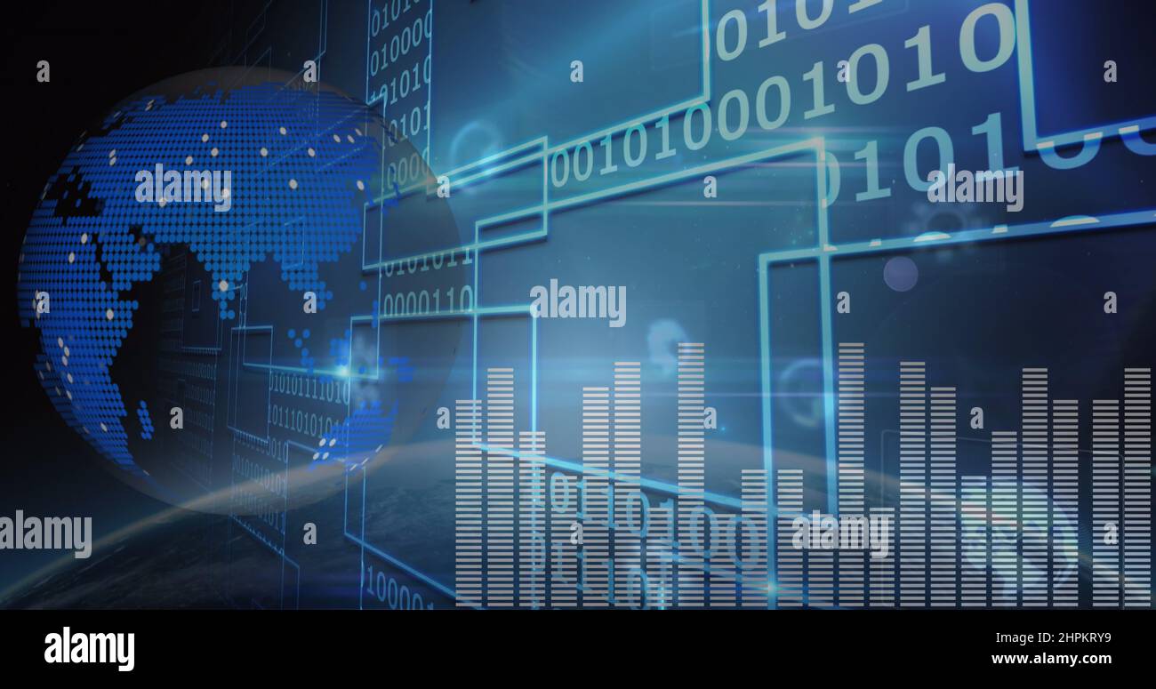 Image of data processing and binary coding on screen over planet earth ...