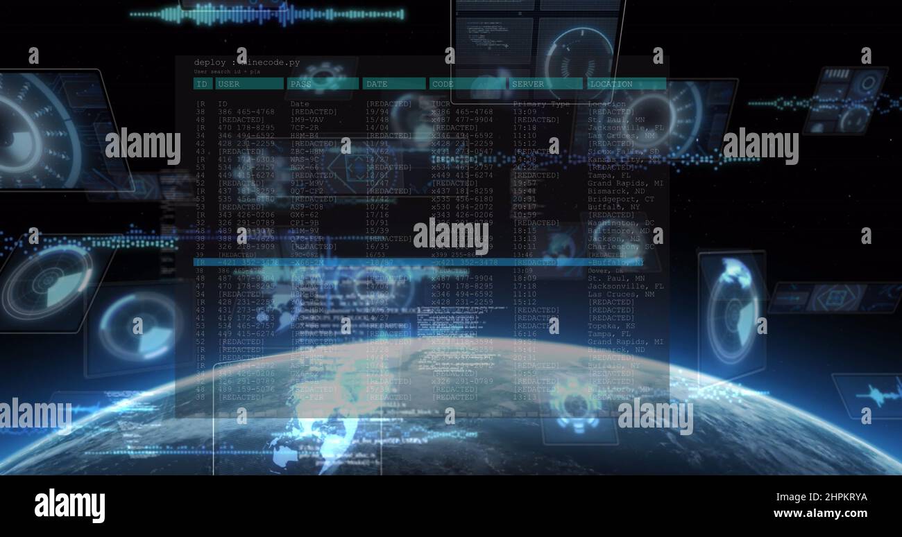 Image of data processing on screens over glowing star and planet earth ...