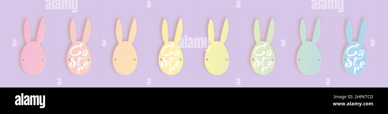 Bunny ears for Easter party, set collection of colorful egg tags, stickers Easter day celebration, paper cut style, vector illustration isolated Stock Vector