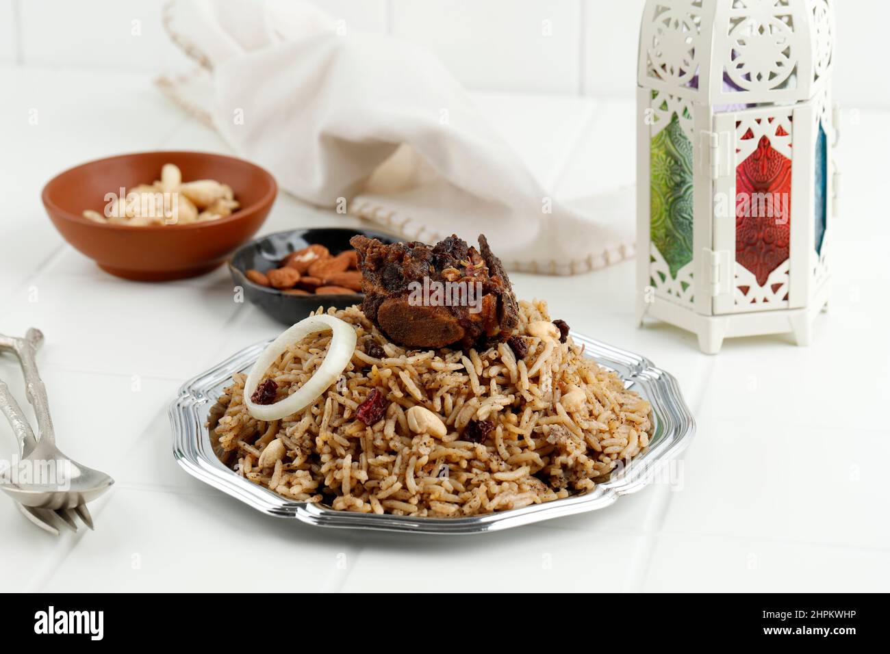 Lamb Madghout, Popular Arabic Rice with Meat Beef or Lamb During Ramadan Stock Photo