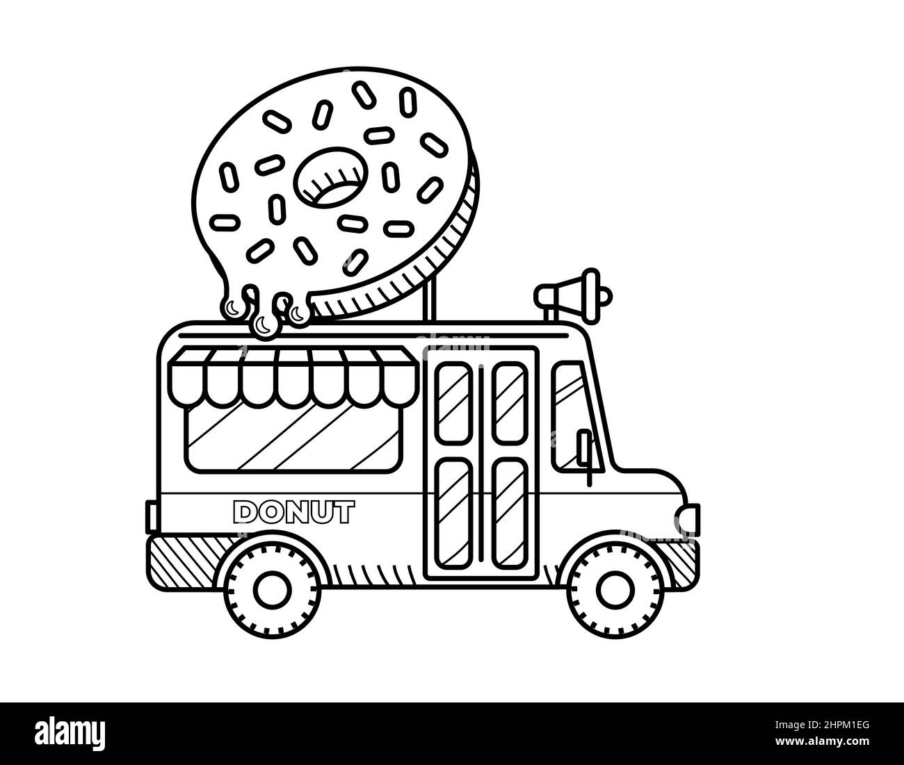 Donut van coloring page for kids. Food truck Stock Vector