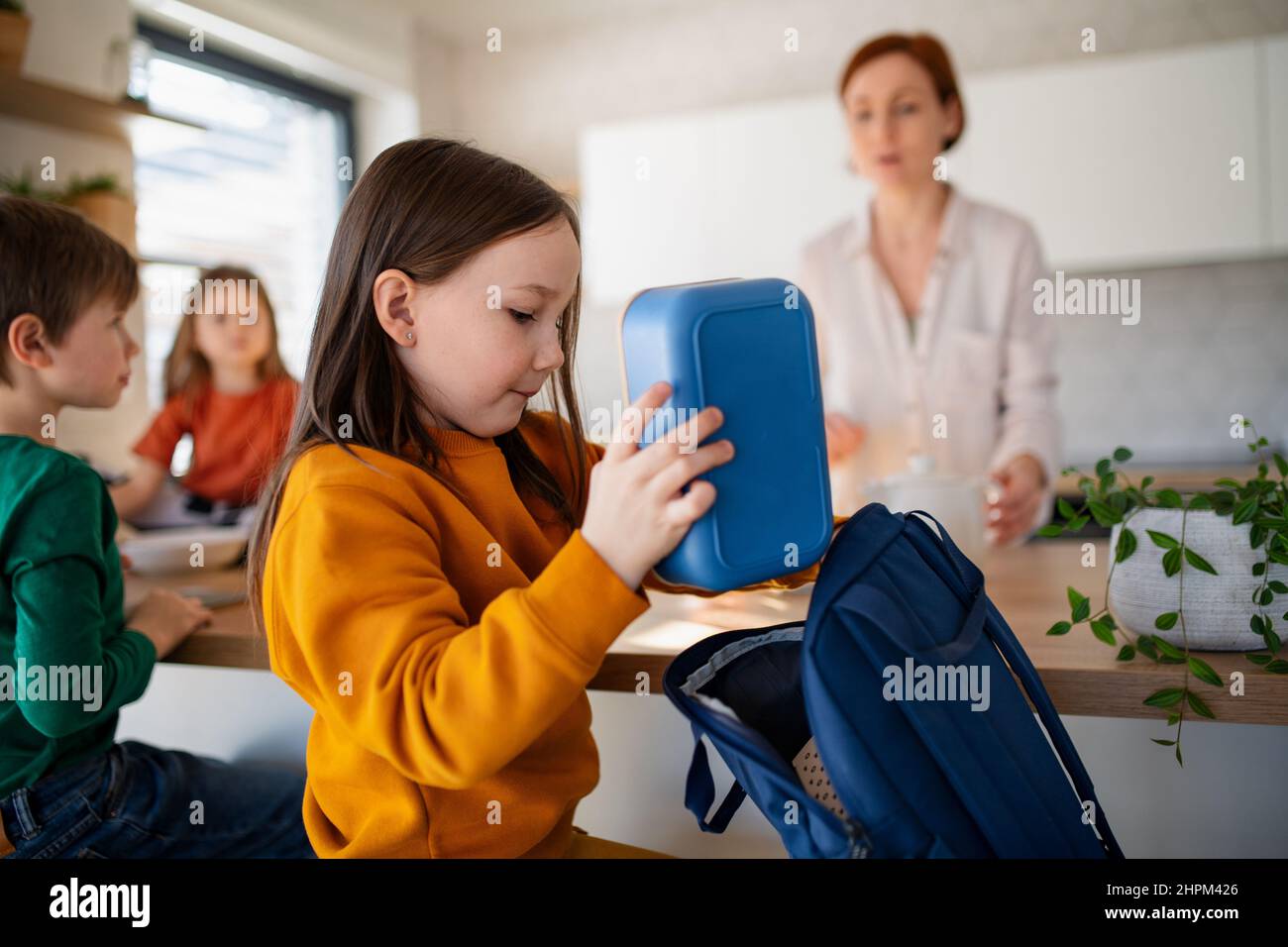 Little girl packing lunch box to backpack in kitchen at home Stock