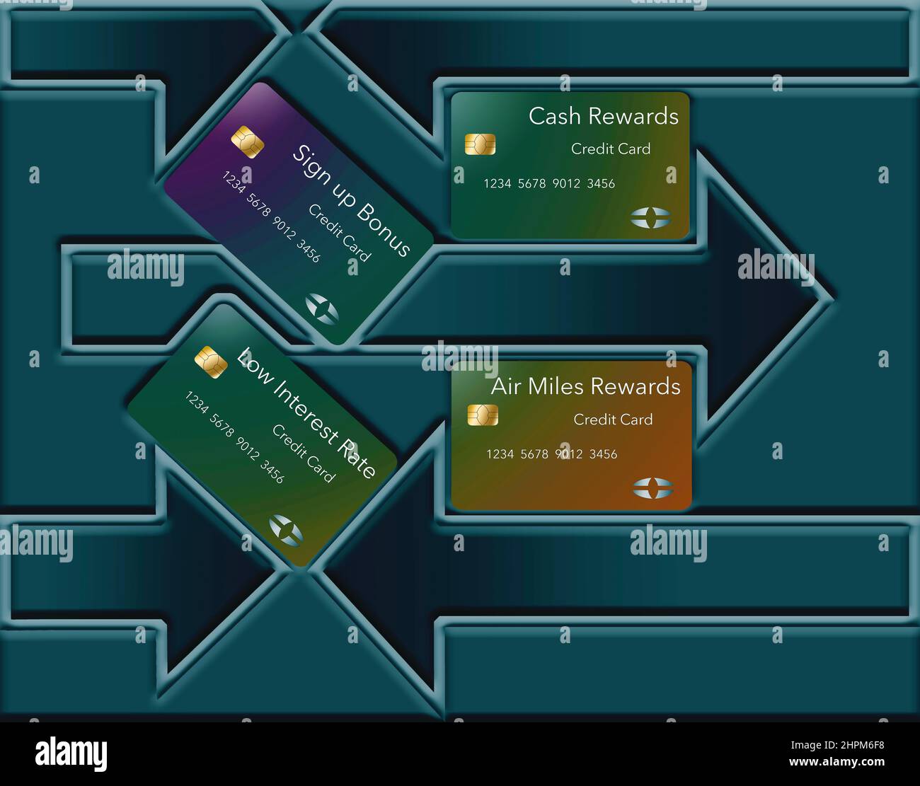 Four types of credit cards are seen in this 3d illustration Stock