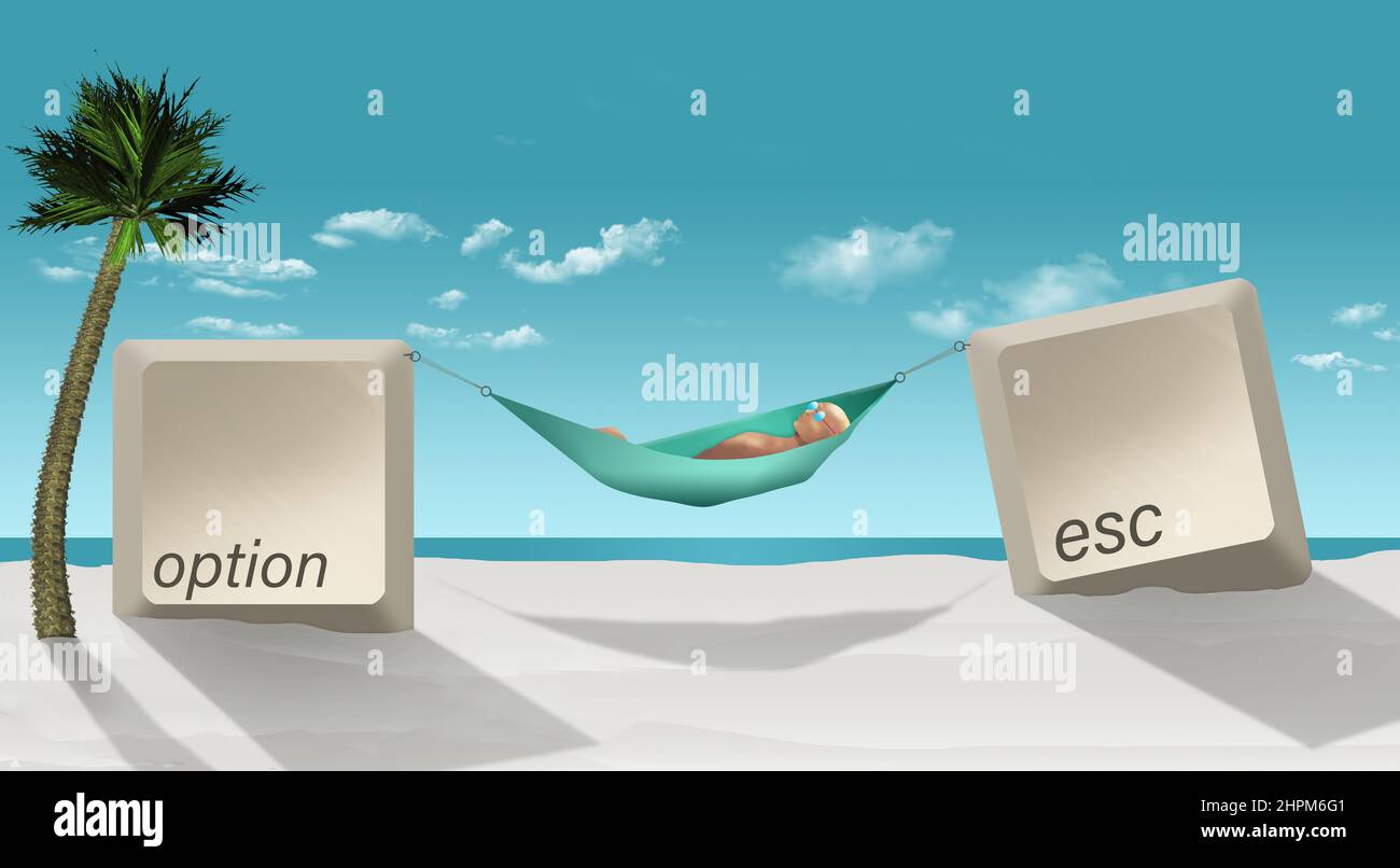 This is a 3-d illustration show computer keys 'option' and 'esc' (escape) holding up the ends of a hammock containing a male office worker Stock Photo