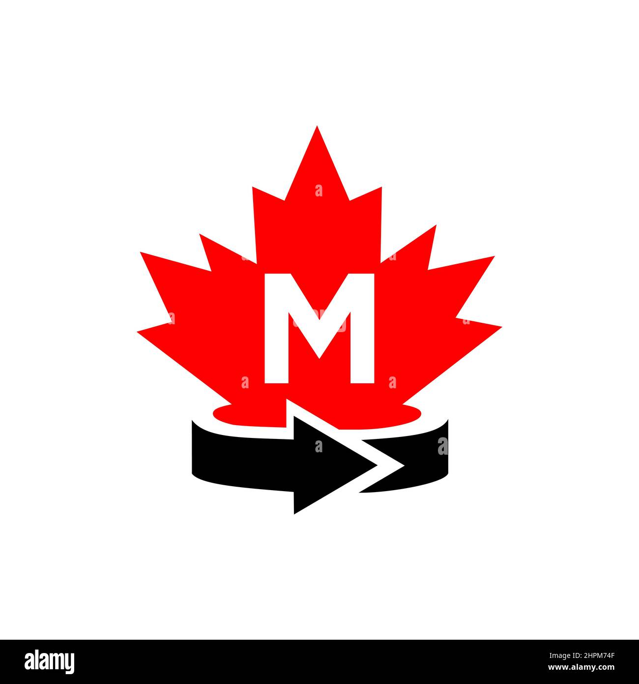 Canadian Maple Leaf Logo Design On Letter M Template. Red Maple Canadian Logotype With M Letter Vector Stock Vector
