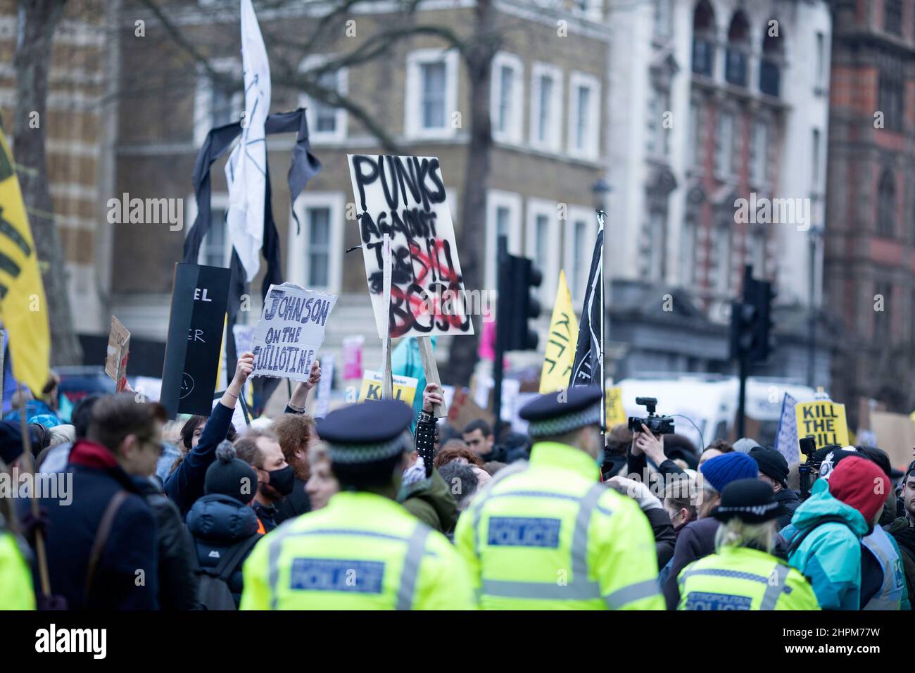 Participants march during a Kill The Bill rally against the Police, Crime, Sentencing and Courts Bill in central London. Stock Photo
