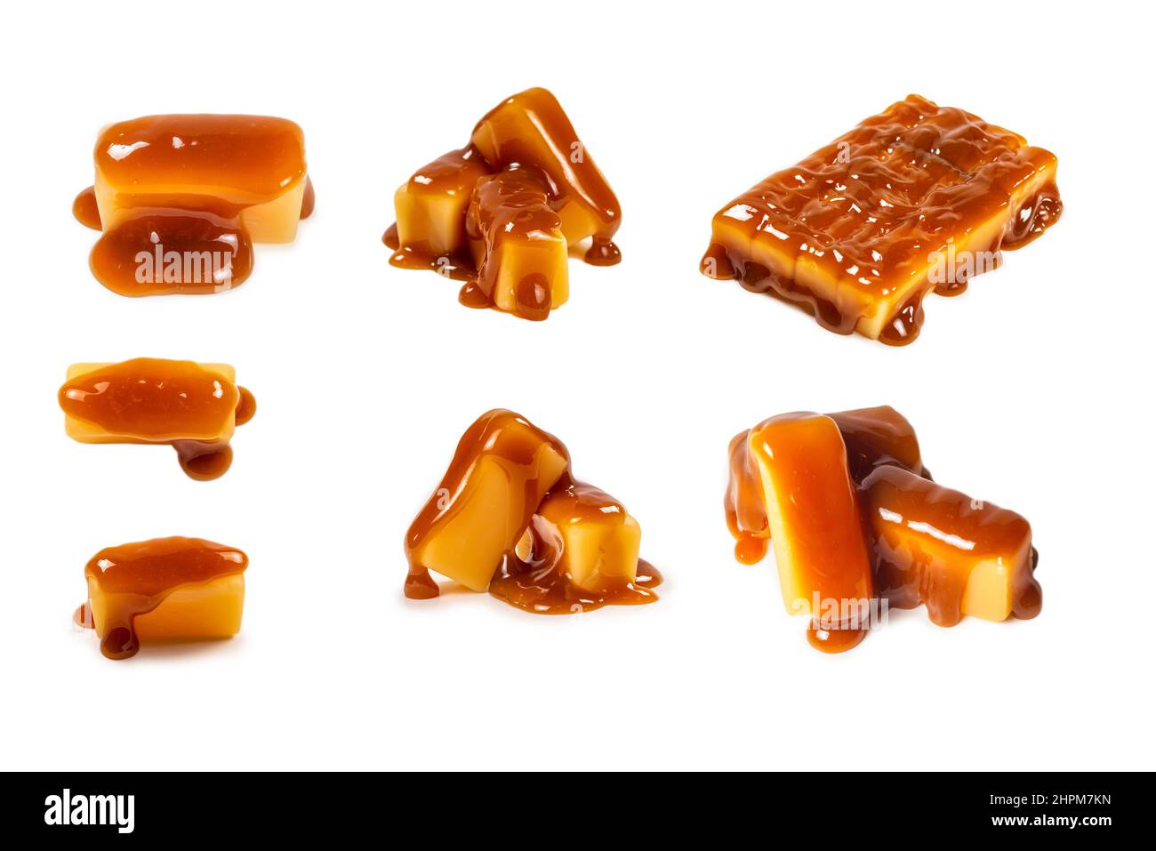 Tasty caramel candy isolated on white background. Copy space Stock