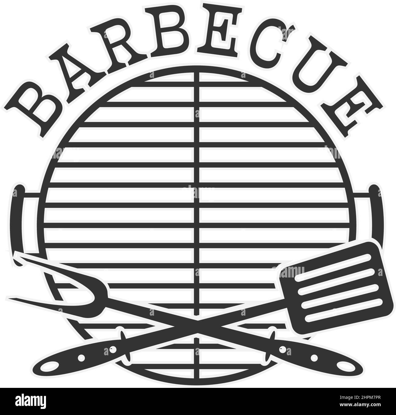 round barbecue BBQ sticker with grill grate, fork and spatula, vector illustration Stock Vector