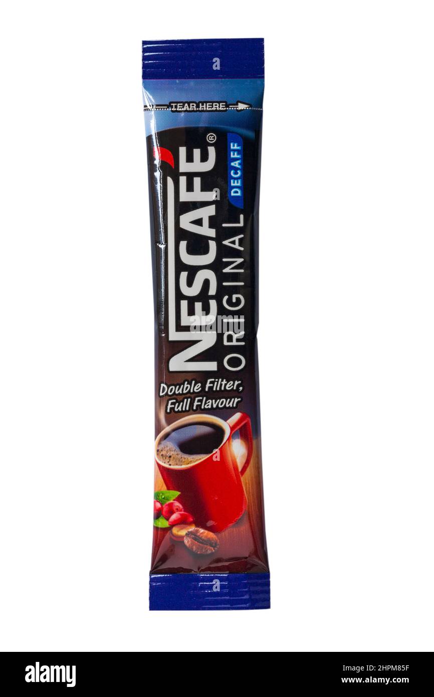 Sachet of Nescafe coffee original decaff isolated on white background -  double filter full flavour decaffeinated coffee Stock Photo - Alamy
